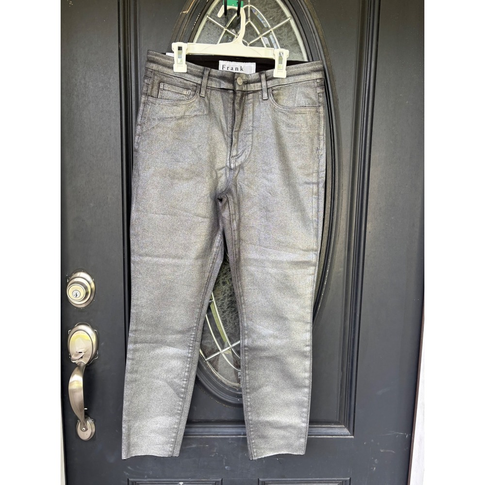 Frank & Eileen Sligo Metallic Silver Skinny Jeans Italian Denim Raw Hem Size 30
